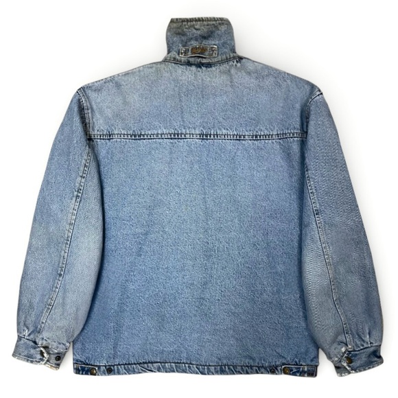 Woolrich 90s Denim Work Jacket Men's L Leather Collar Blanket Lined Distressed - Picture 8 of 16